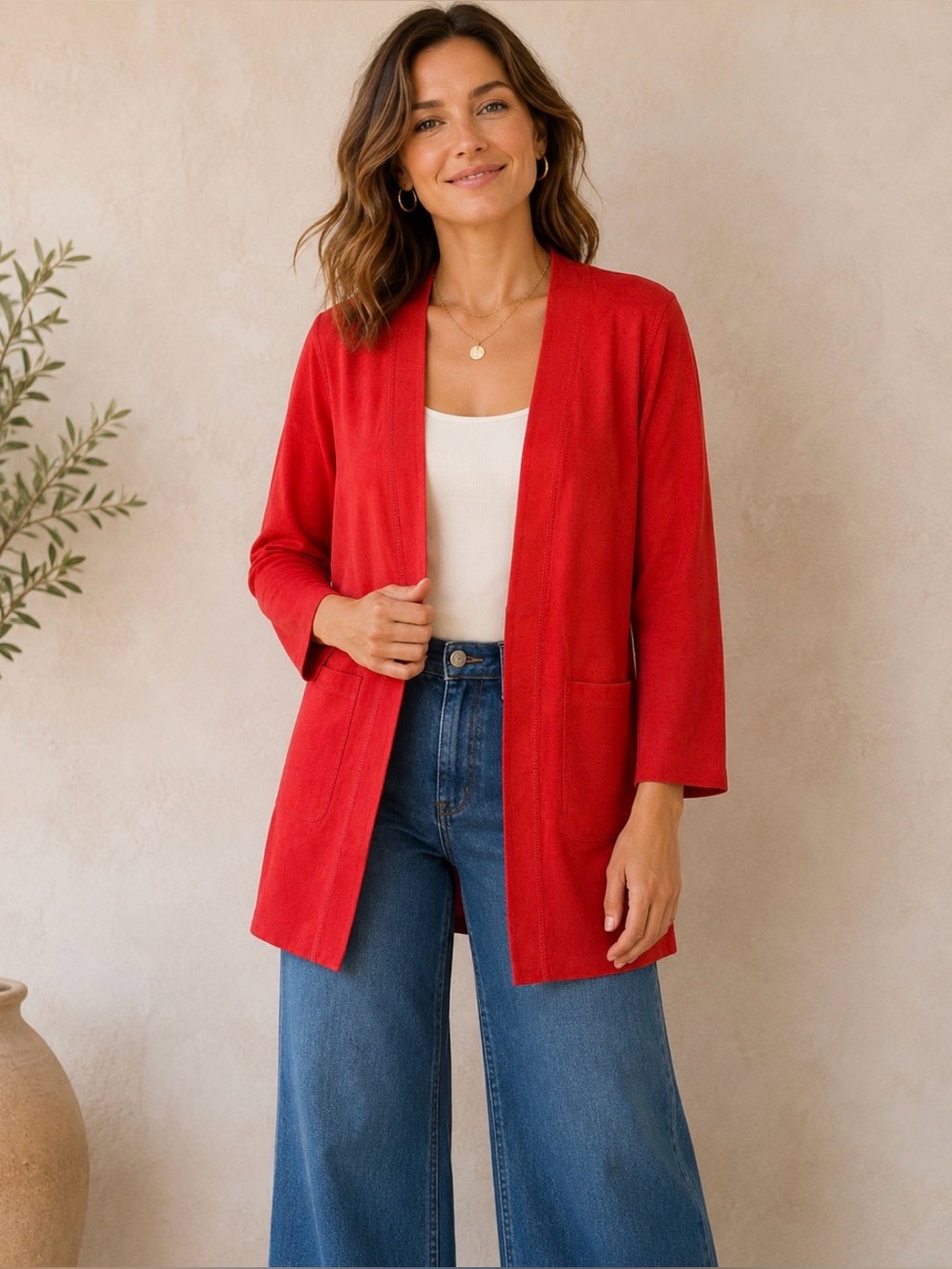 Solitaire Anthropologie Red Faux Suede Open Jacket Cardigan Women’s Medium NWT